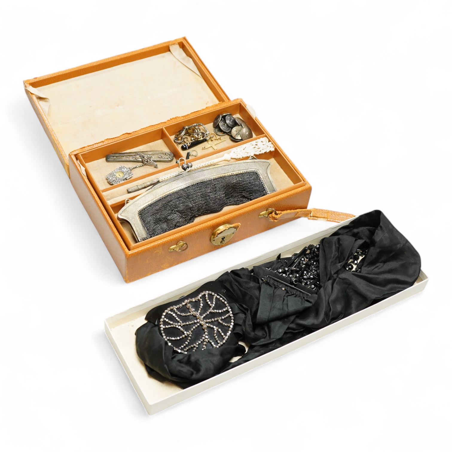 A quantity of assorted antique and later costume jewellery to include a silver and Marcasite ladies fob watch, a collection of cufflinks, brooches and a pair of drop earrings with screw backs